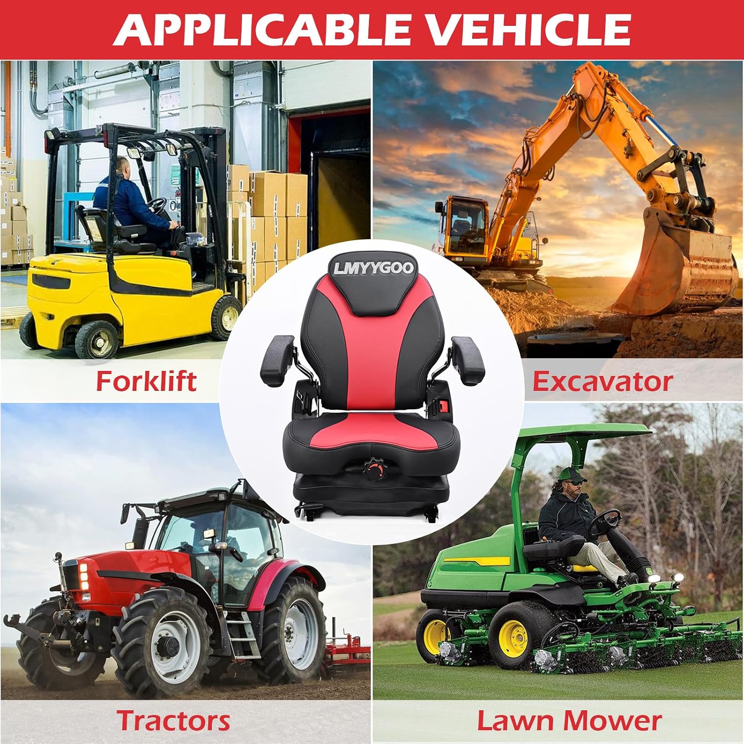 Universal Lawn Mover Seat, Zero Turn Mower Suspension Seat,Highback Low Suspension Forklift Seat with Adjustable Headrest,Adjustable Armrests Shock Absorber Heavy Duty Seat