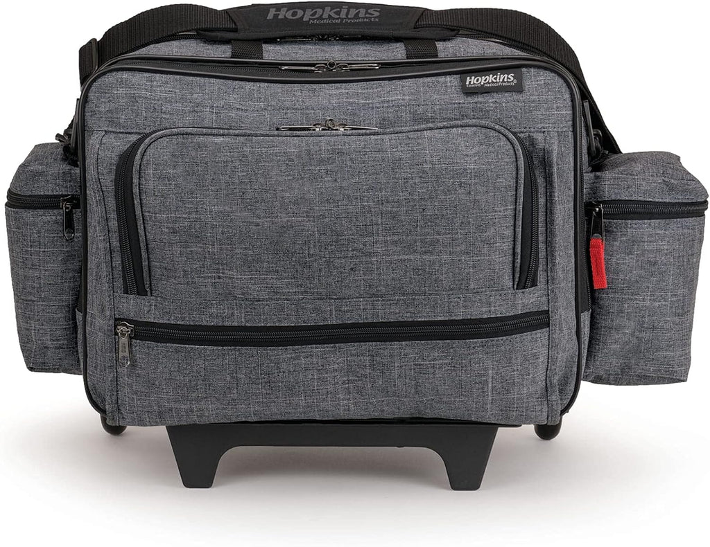 Hopkins Medical Products Travel Safe Rolling Travel Bag, Laptop Sleeve, Lockable File Pocket, Waterproof, Extra-Wide Wheels, Adjustable Strap, EZ-View Pockets, Heather Gray, 16 Inches x 13 Inches x 9