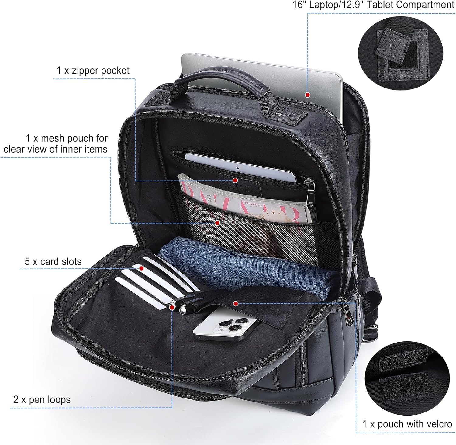 Masa Kawa Black Leather Laptop Backpack for Men Fits 16' 15.6' Computer, Business Travel Work Large Daypack Camping Weekender Bag