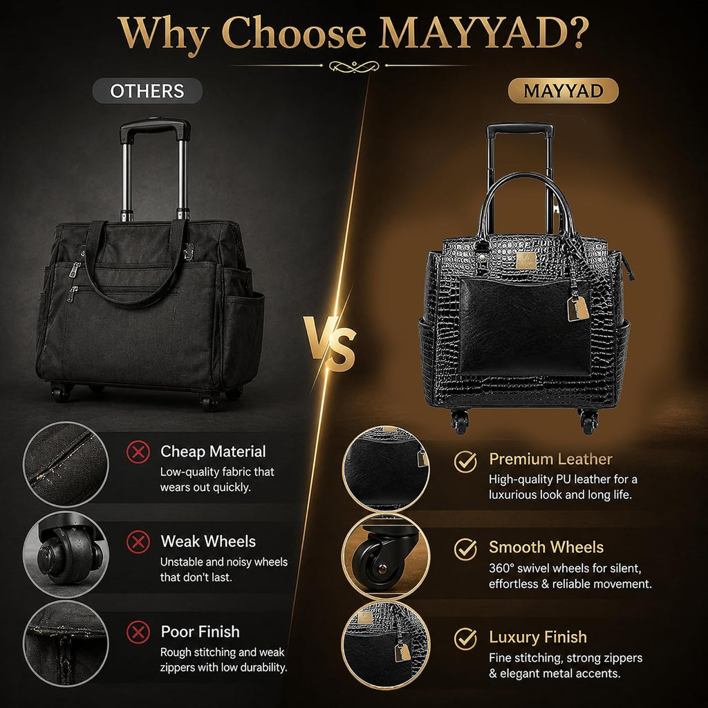 Rolling Laptop Bag for Women with Wheels & Handle Luxury Pure Leather Embossed Work Bag with Laptop Sleeve Travel Briefcase