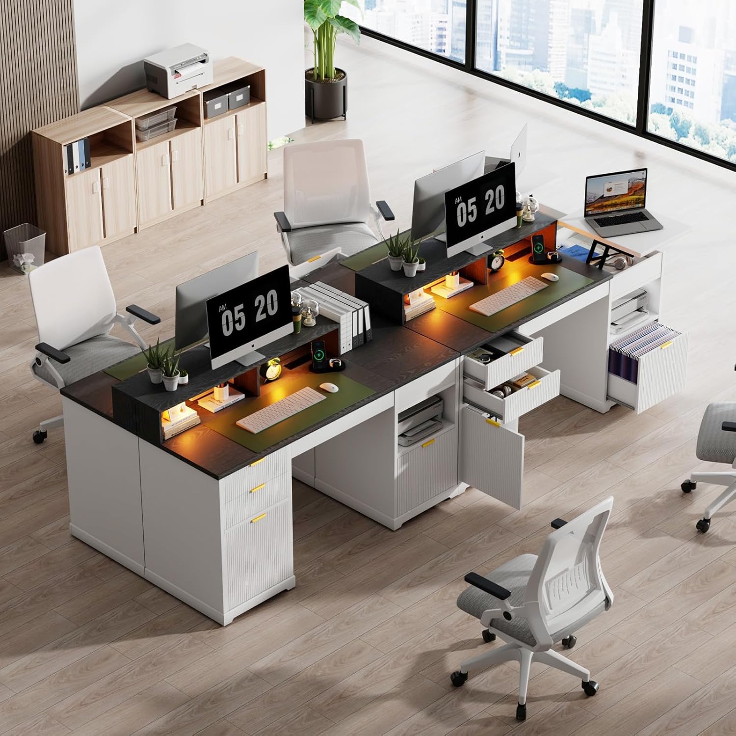 Fluted Desk with Drawers, 63' Home Office Executive Desk with Lift Top, Filing Cabinet, Gaming Desk Charging Station, Sensor Lights, Computer Table with Monitor Stand, White