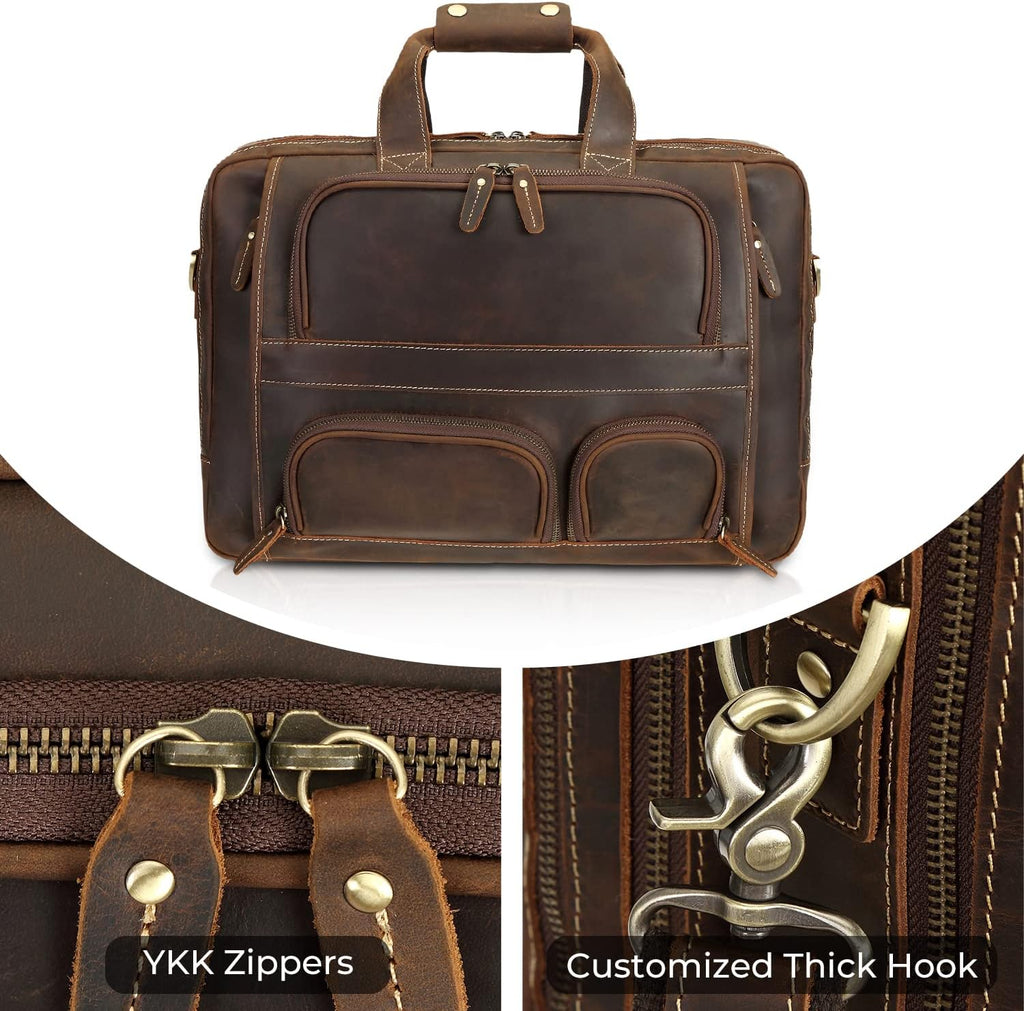 Top Cowhide Leather briefcase for men,17.3 Inch Messenger Bag Laptop Briefcase with YKK Metal Zippers Fit Business Trip