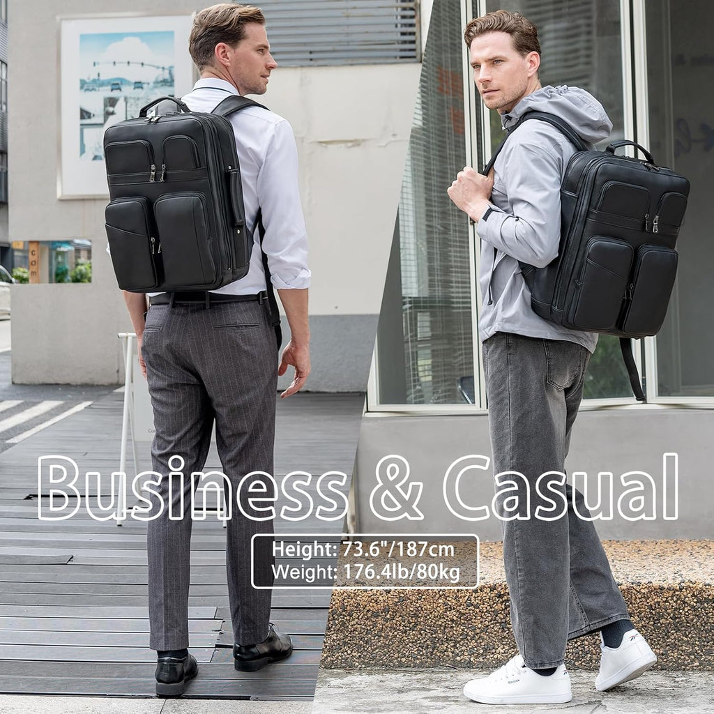TIDING 17.3' Leather Laptop Backpack for Men Multi Pockets Casual Daypack Business Travel Rucksack, Black