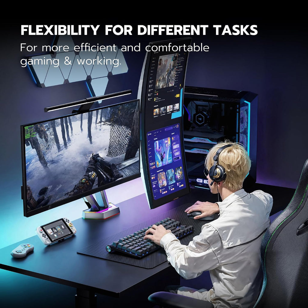 ARES WING RGB Dual Monitor Arm for 17-38' Ultrawide Screens, Holds 35.2lbs, Heavy Duty Dual Monitor Stand for Desk, Adjustable Double Mount with Clamp & Grommet Base, 75/100 VESA Mount, Gray