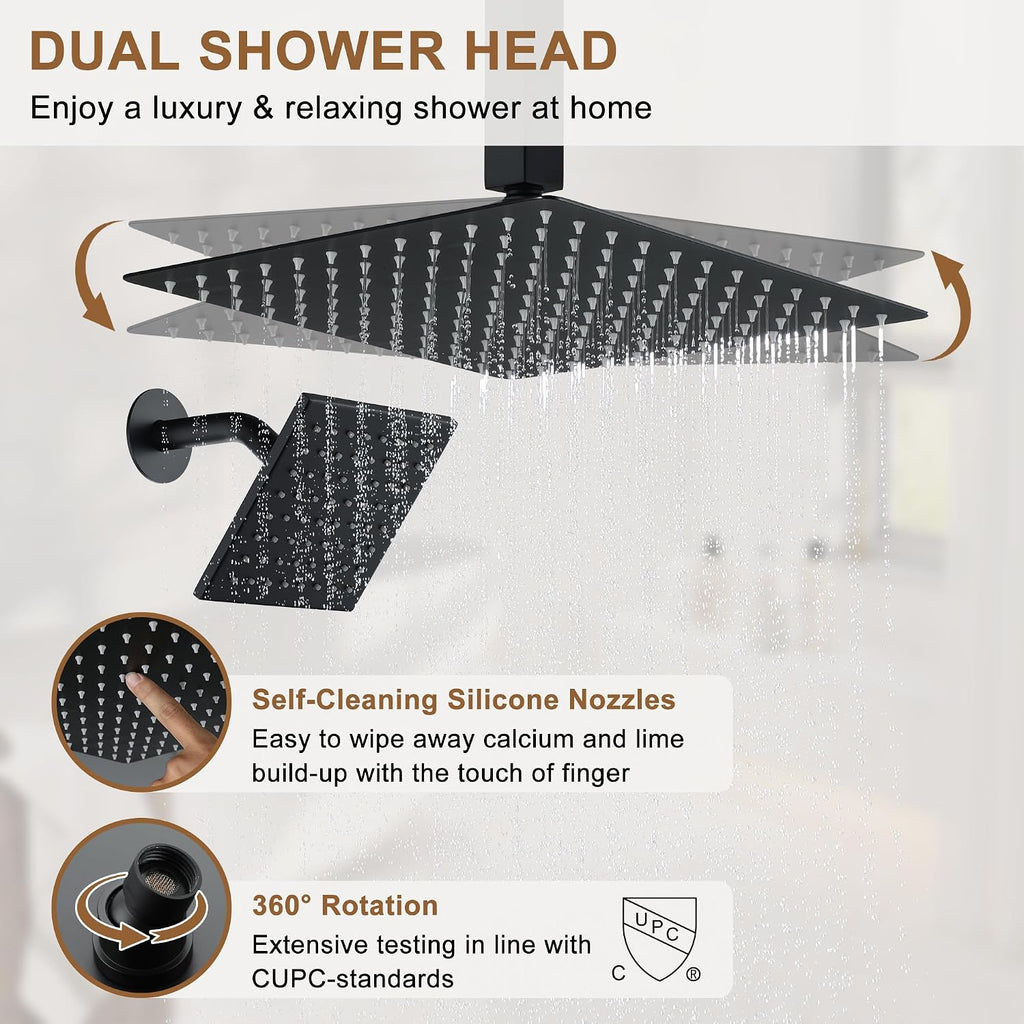 CASAINC Ceiling Mounted Shower System 12 Inch Rain Shower Head with Handheld Spray & 6 Inch Shower Head, Multifunctional Shower Faucet Set with Water Temperature Display (Matte Black)