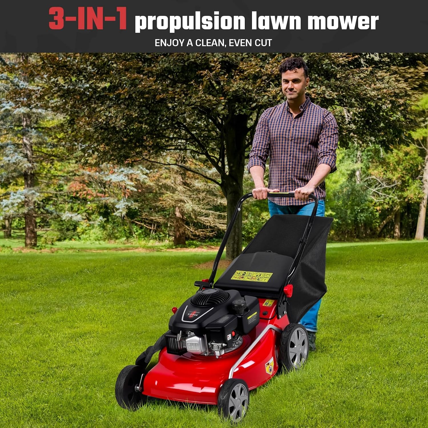 Lawn Mower Gas Powered | Gas Mower with 50l Grass Bag Big Wheels | 131cc Gas Engine 3 in 1 Mulching | 50L Grass Tank, Foldable Design Red, Big Wheels & Easy Start | Fast Arrival Red
