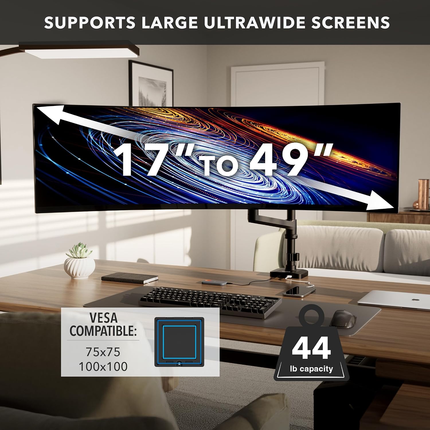 Mount-It! Proflex Series Height-Adjustable Ultrawide Monitor Arm with Pole, Fits 17–49' Screens, Gas Spring, 44 lbs Capacity, USB-C & USB 3.0 Ports, Full Motion, VESA 75/100, Clamp or Grommet