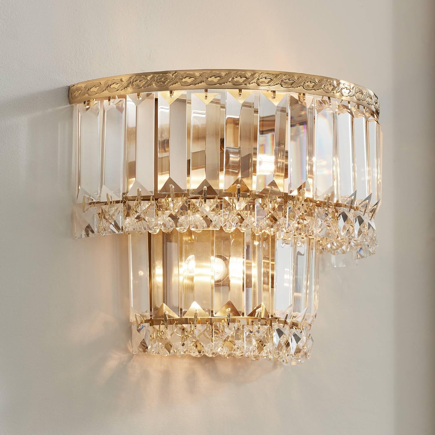 Vienna Full Spectrum Magnificence Modern Wall Light Sconces Set of 2 Gold Hardwired 10' Fixture Demilune Clear Crystal for Bedroom Bathroom Bedside Vanity Reading Living Room Hallway House Home