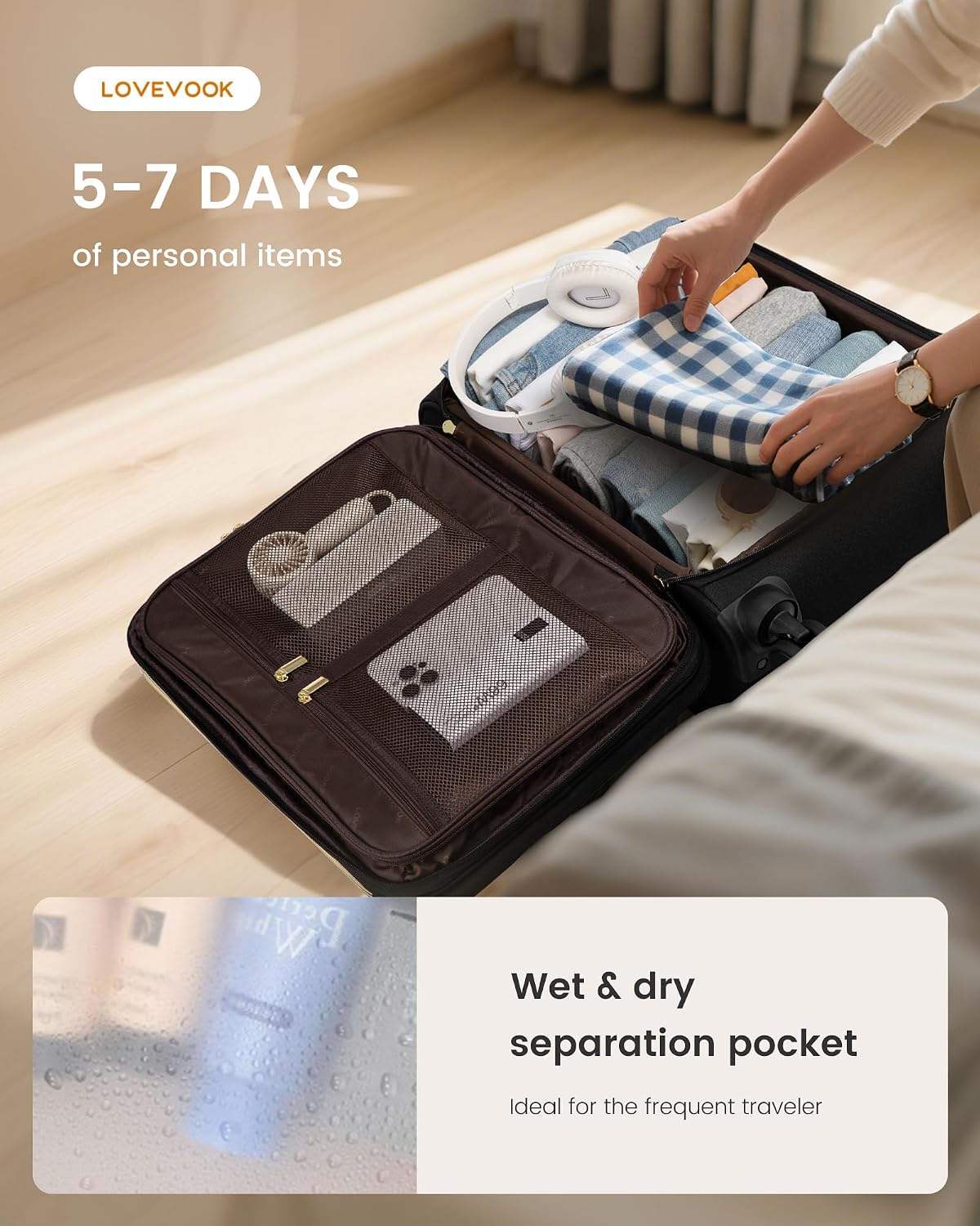 LOVEVOOK Carry on Suitcase 22x14x9 Airline Approved,20 inch Lightweight Waterproof Suitcases with 360° silent swivel wheels, TSA Lock and Compartment, Large Capacity travel Suitcase Black-White-brown