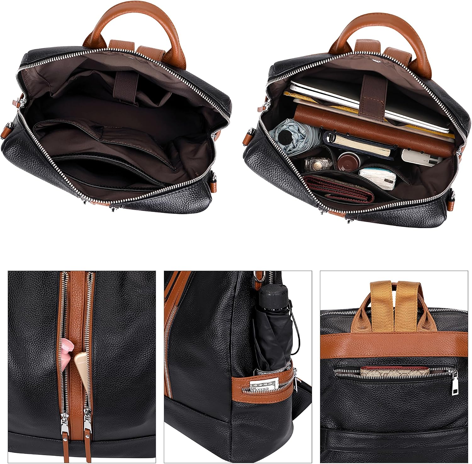 ALTOSY Genuine Leather Backpack Purse for Women Convertible Shoulder Bag Crossbody Bag Elegant Casual Daypacks (S77 Black/Brown)