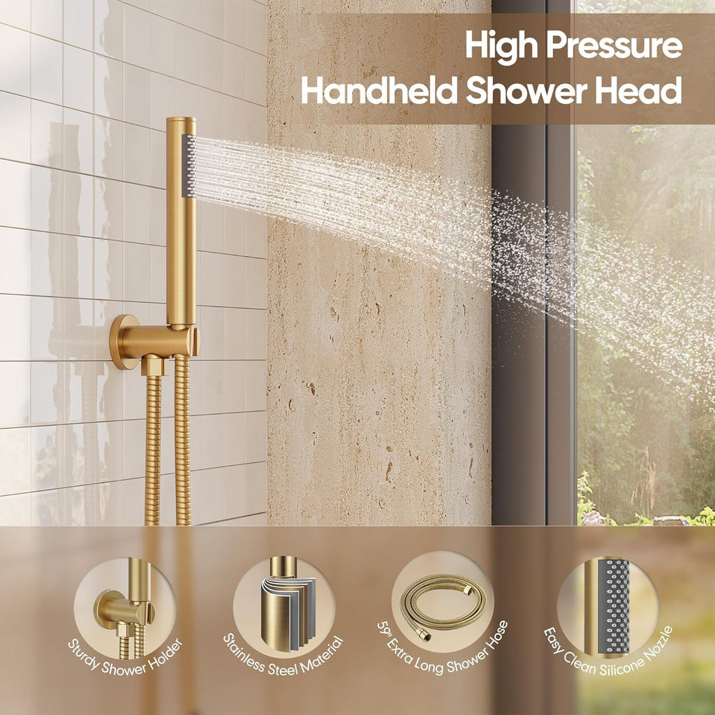 Brushed Gold Shower System, All-Metal Wall Mounted Shower Faucet Set with High Pressure 10-Inch Rain Showerhead & Handheld Spray, Bathroom Shower Combo Set with Rough-In Valve and Trim Included