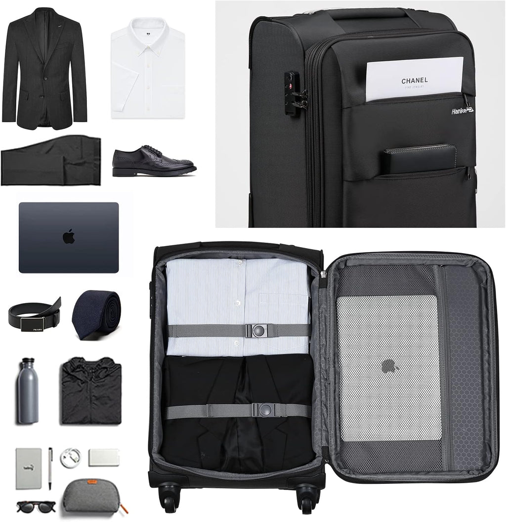 Hanke 20/28 Inch 2 Piece Luggage Sets with Spinner Wheels Expandable Luggage Large Suitcases with Wheels Lightweight Travel Luggage Rolling Suitcase with Lock Softside Checked Luggage.(Dark Gray)