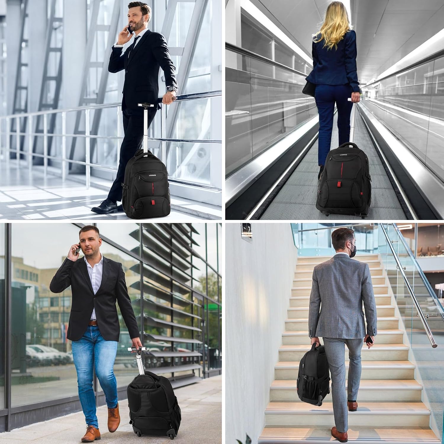 Rolling Backpack,18 inch Laptop Backpack with Wheels for Adults,Large Water Resistant Wheeled Backpack for Travel Carry on Trolley Luggage Suitcase College Business Computer Bag for Men Women, Black