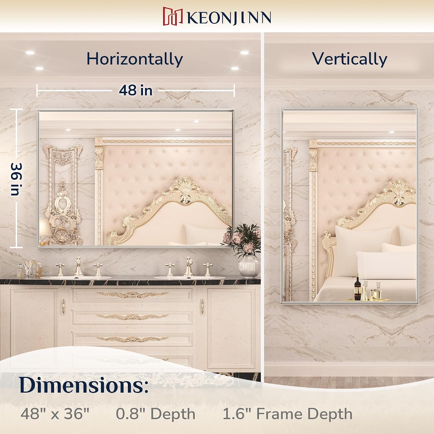 Keonjinn 48 x 36 Inch Silver Bathroom Mirror for Over Sink Large Rectangle Wall Mirror Brushed Metal Framed Square Corner Vanity Mirror Wall Mounted Rectangular Farmhouse Mirror(Horizontal/Vertical)