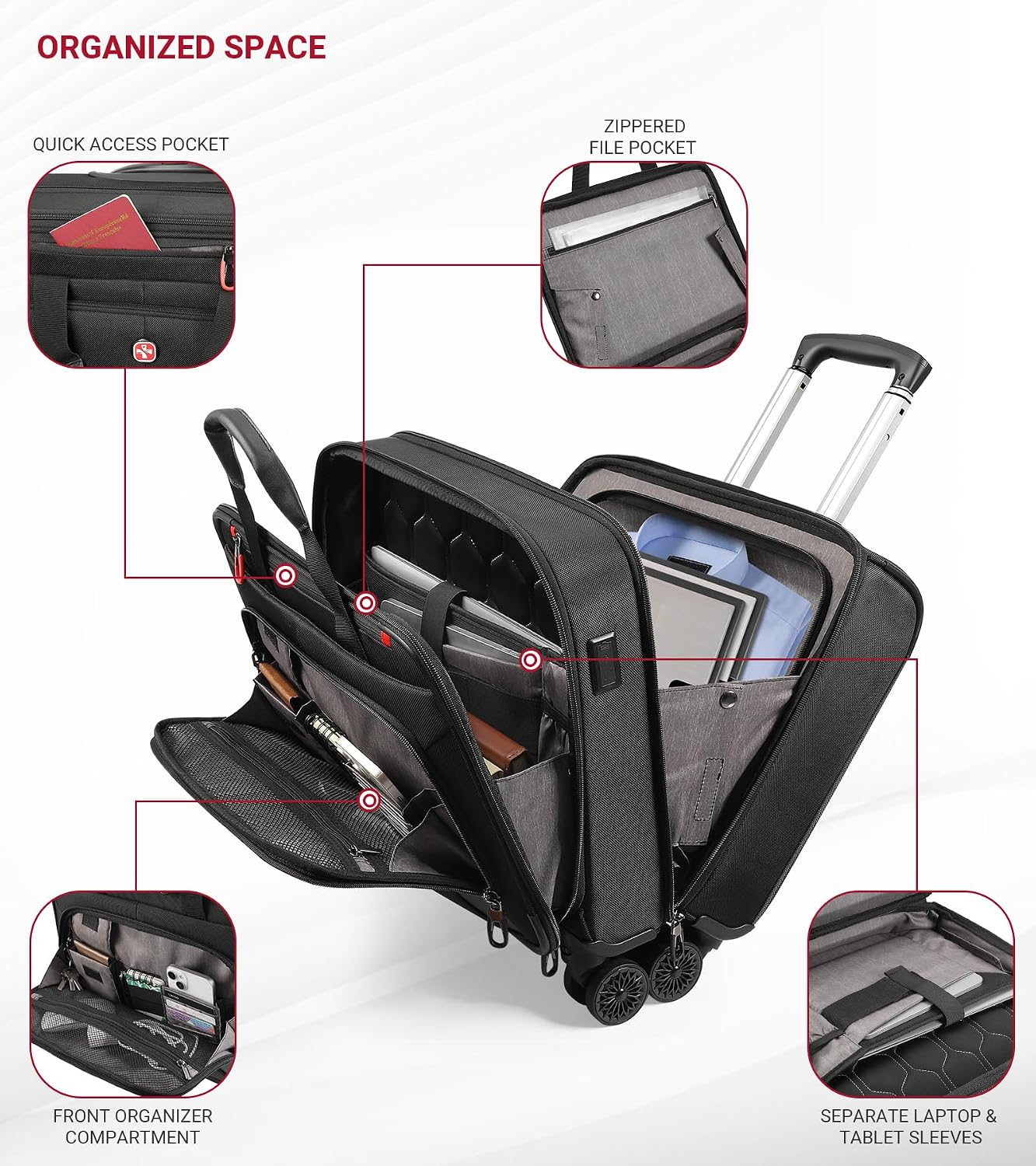 star cloud Rigid Frame Rolling Laptop Bag on Wheels, Rolling Briefcase with USB & Type-C Charging Port,Water Resistant Rolling Computer Bag for 17.3 Inch Laptop, Work Travel and Business