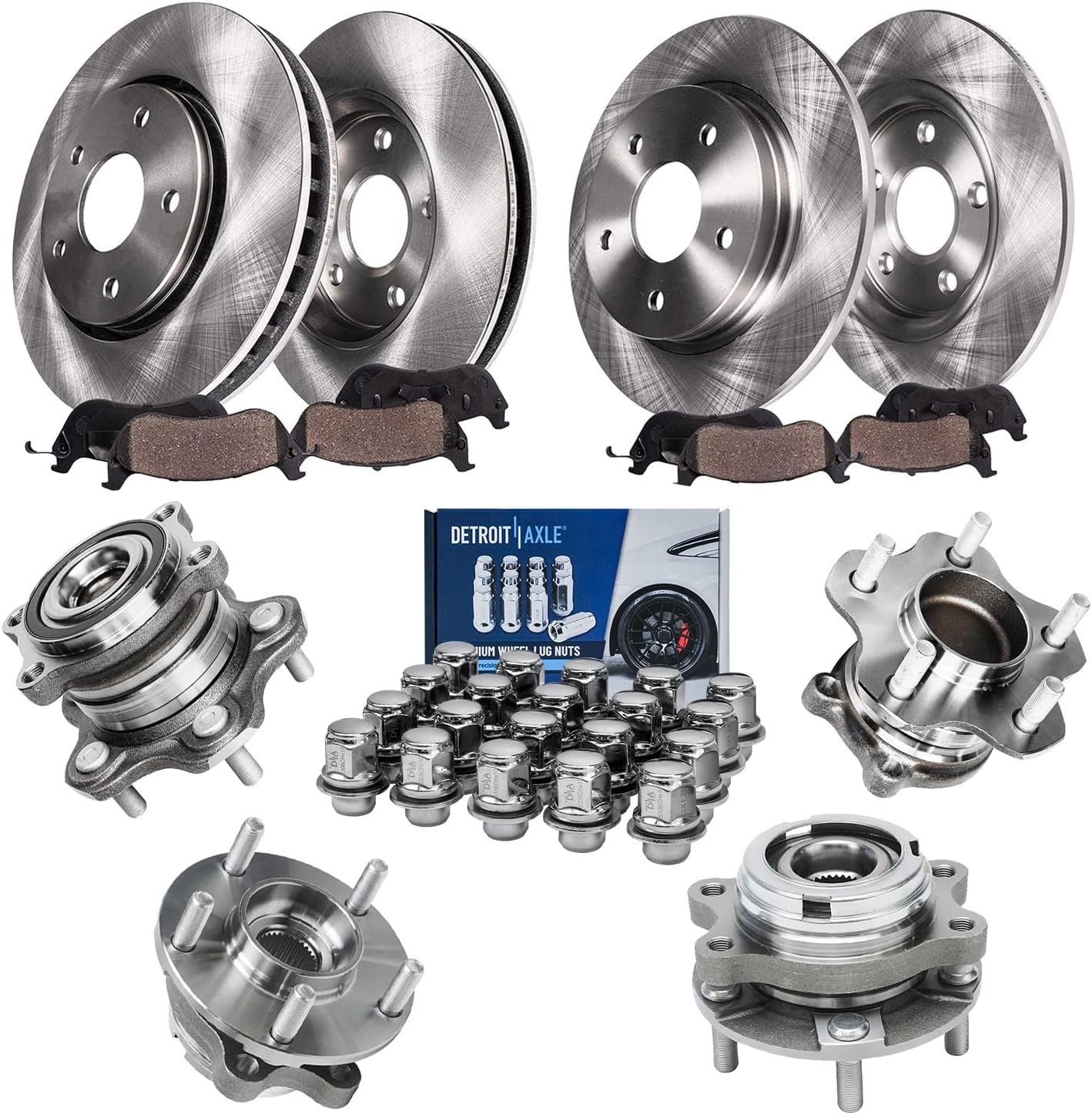 Detroit Axle - Wheel Bearing Hubs Brake Kit for 2007-2013 Nissan Altima, Brake Rotors Brake Pads Wheel Bearing Hubs Wheel Lug Nuts Front Rear Replacement : 11.65 inch Front & 11.46 inch Rear Rotors