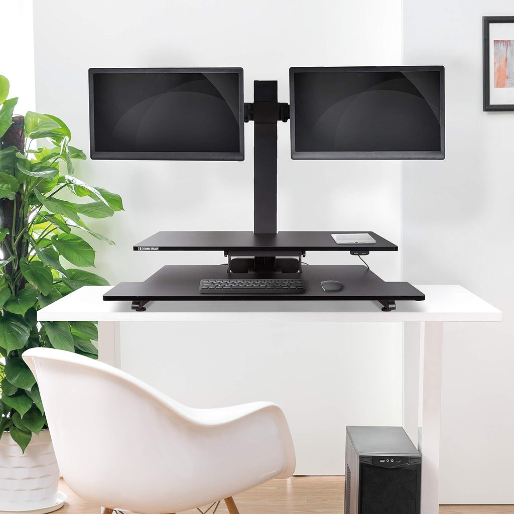 Stand Steady Techtonic Electric Standing Desk Converter wIth Dual Monitor Mount, 2 Screen Support, Quiet Sit-Stand Desk with Button Control, Keyboard Tray, Ideal for Gaming & Computer Work (Black)