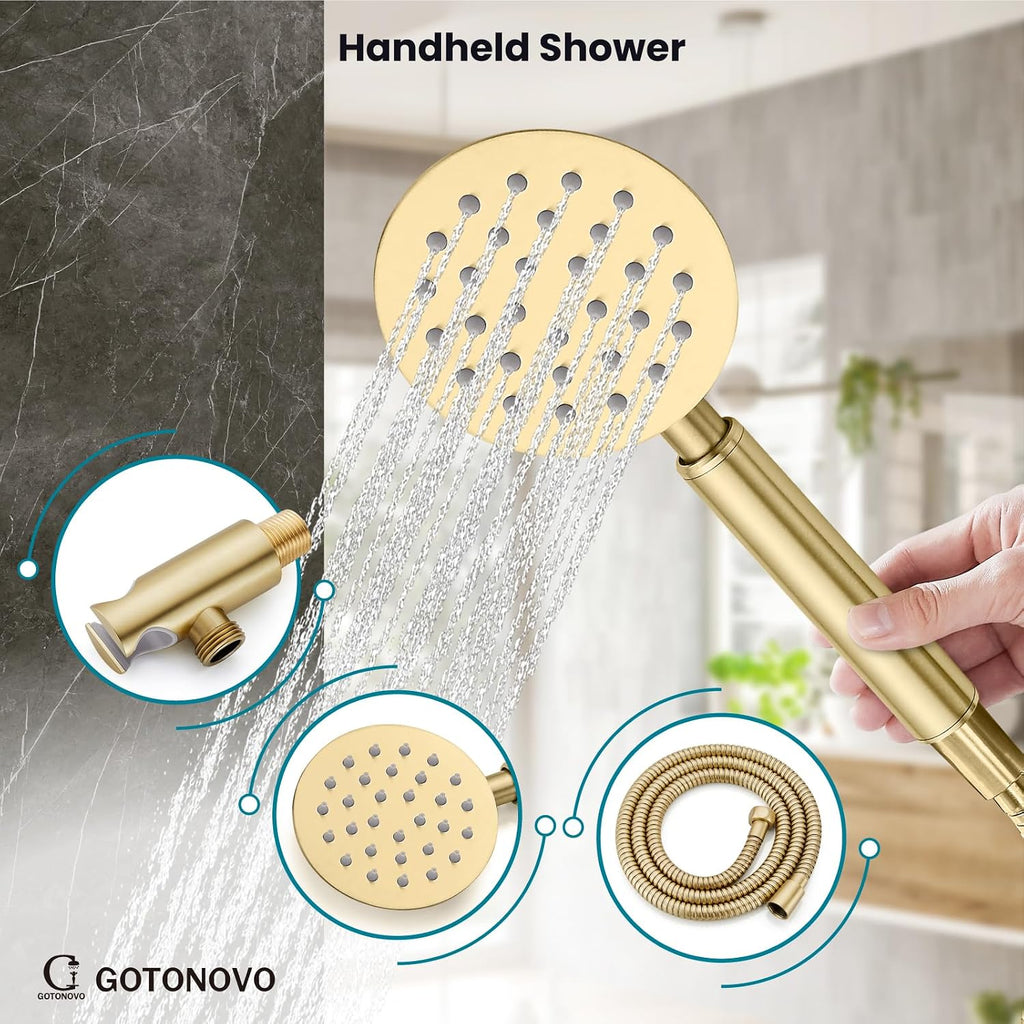 gotonovo Rain Shower System with 10 Inch Round Showerhead and Handheld High Pressure Shower Faucet Set Contain Rough in Valve, Brushed Gold