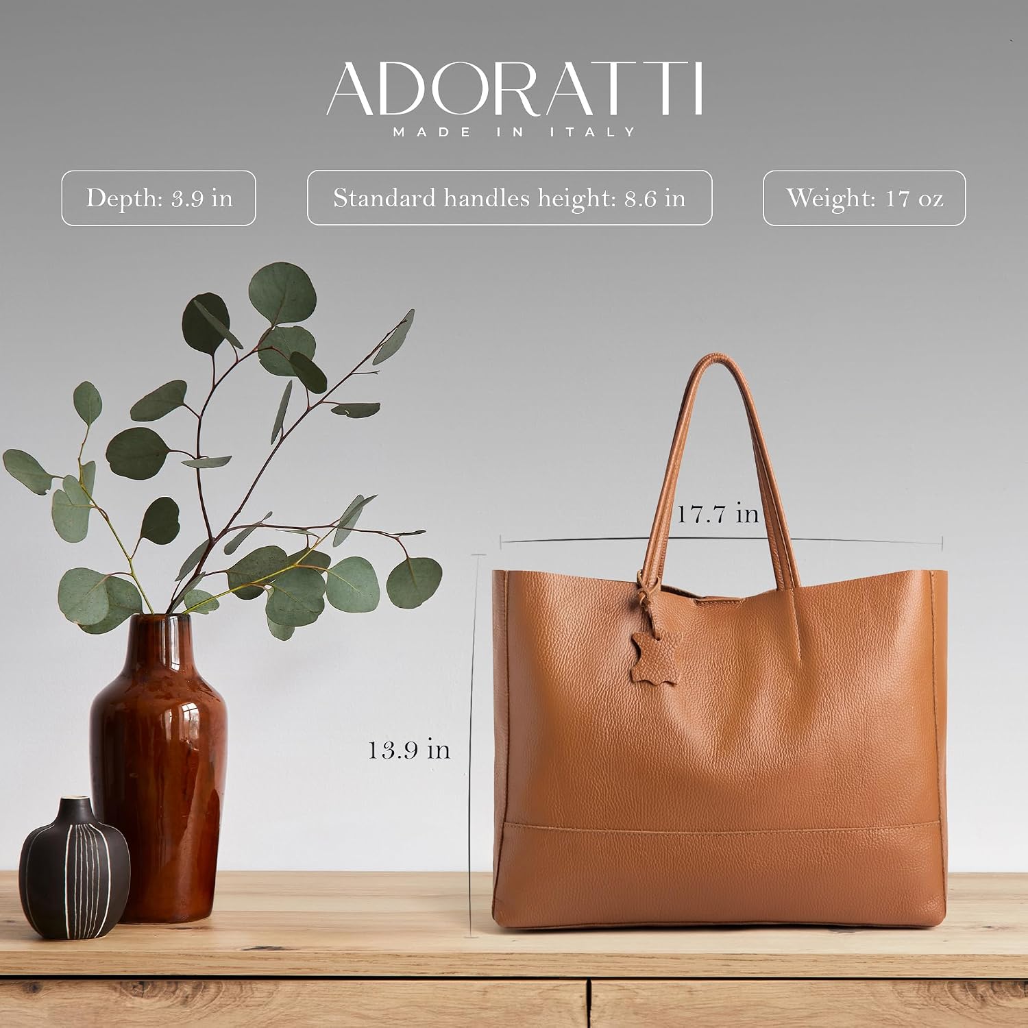 Italian Leather Tote Bag for Women - Large Shoulder Shopper, Fits 16' Laptop, Keychain Holder, Made in Italy