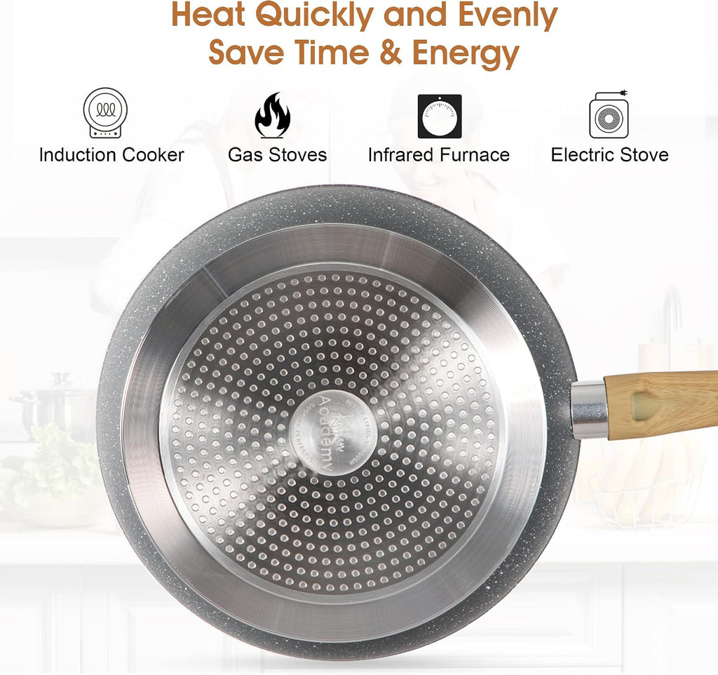Kitchen Academy Induction Cookware & Bakeware Set - 30 Piece Grey Granite Cooking Pans Set, Non Toxic Pots and Pans Set Non Stick