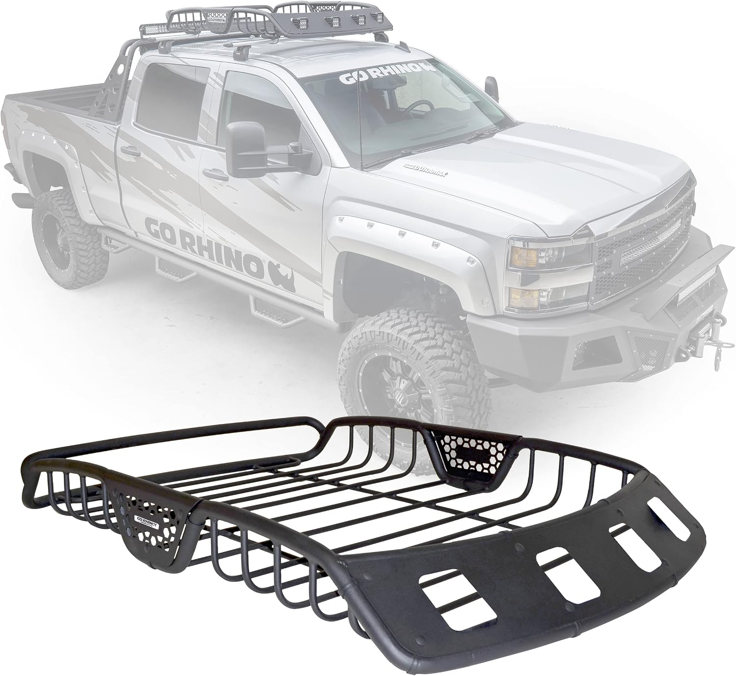 Go Rhino SR40 Roof Rack - Tubular Rack w/ 4X Light Mount Openings & Cross Bar Clamps | Mild Steel, Textured Black, L: 48' x W: 40' x H: 6' | 59045T