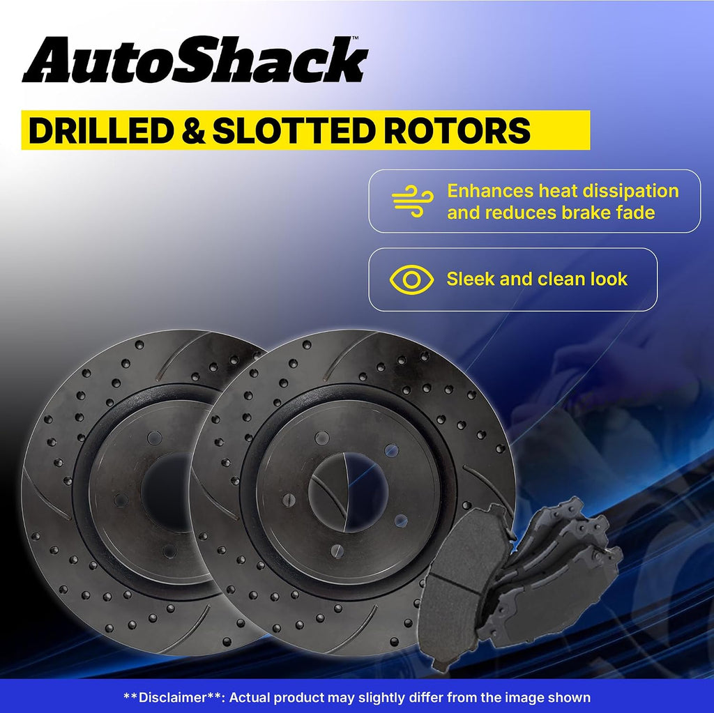 AutoShack Front & Rear Brake Rotors & Ceramic Pads for Chevrolet, Silverado 2500 HD 2001-2010, 4WD RWD V8 6.0L 6.6L 8.1L - E-Coated Drilled & Slotted - Black Finish - NightGuard