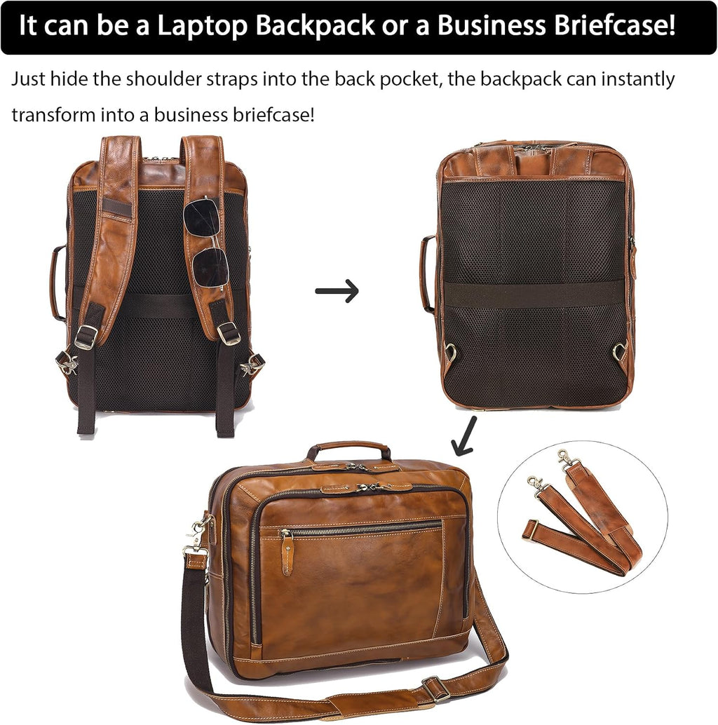 LANNSYNE Vintage Genuine Leather Backpack For Men, 2 in 1 Expandable Briefcase Fits 17'' Laptop Crossbody shoulder Bag Business/Travel Rucksack