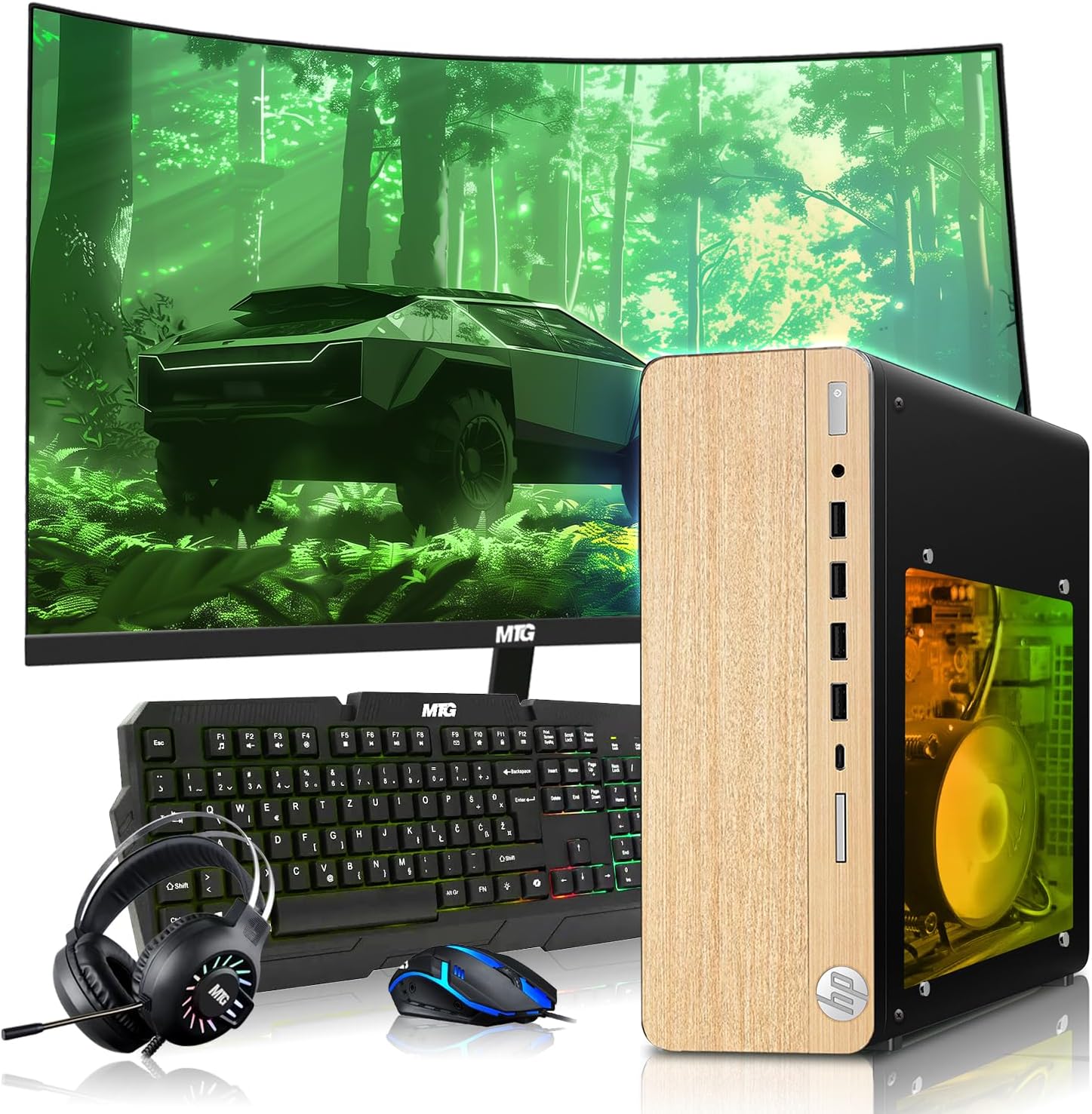 HP Full Light Gaming PC Desktop Computer – AMD Pro A10-9700,RX 550 Graphics,16GB RAM,256GB SSD,32 Inch Curved Monitor,RGB Keyboard with AI Copilot,Mouse,WiFi,RGB Headphone,Windows 11(Renewed)