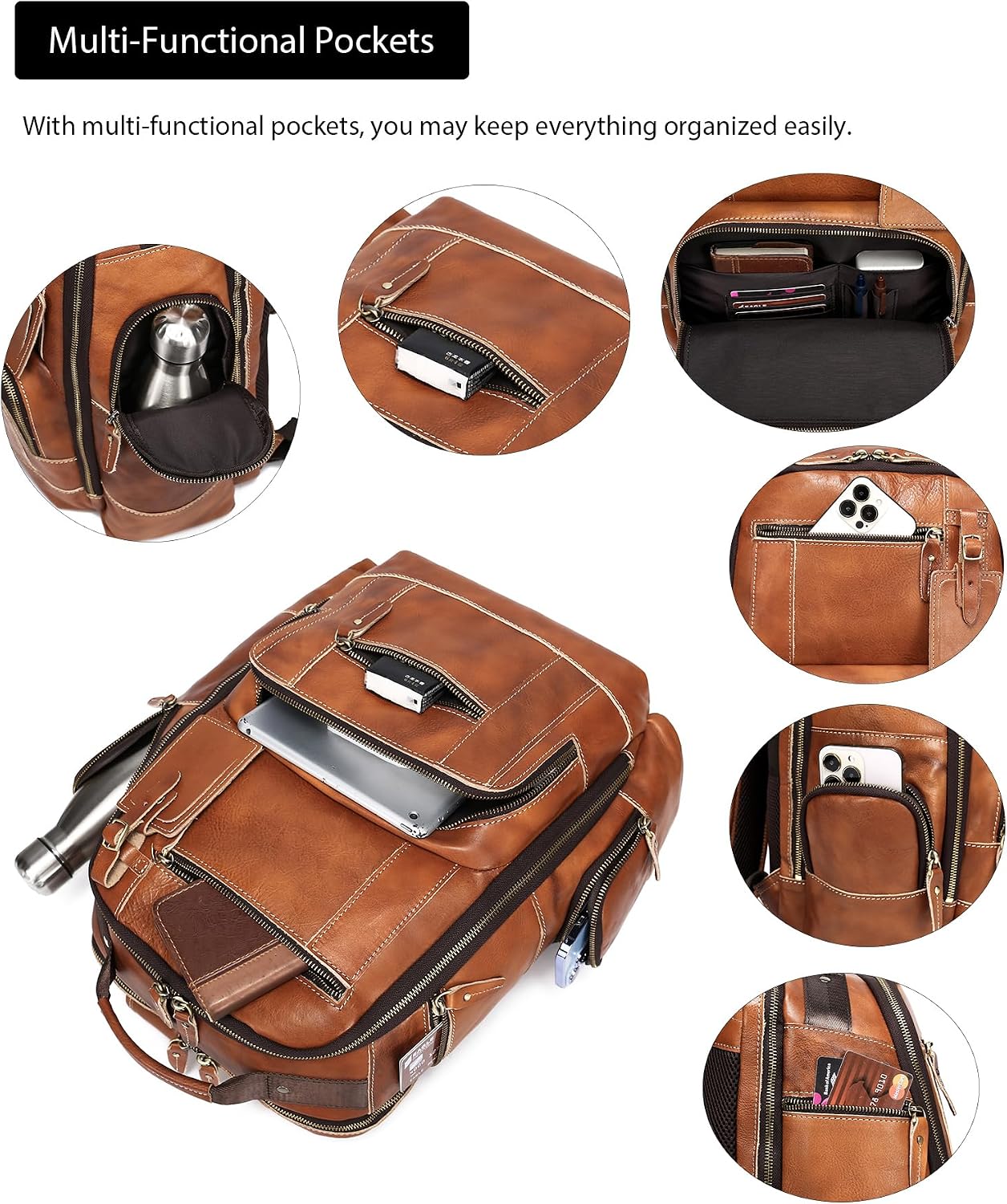 LANNSYNE Vintage Genuine Leather Backpack for Men, 15.6' Laptop Backpack Camping Travel 24L Rucksack