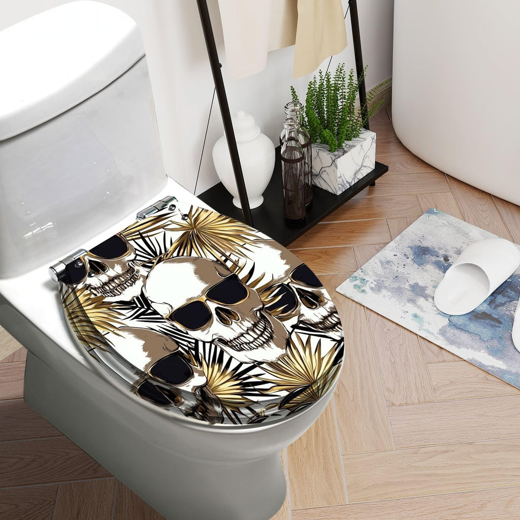 Round Toilet Seat Seamless gold silver pattern Tropical leaves Exotic fan palm human Resin Toilet Seat Slow Quiet Close with Quick-Release Hinges Toilet Seat with Cover Easy to Clean Install