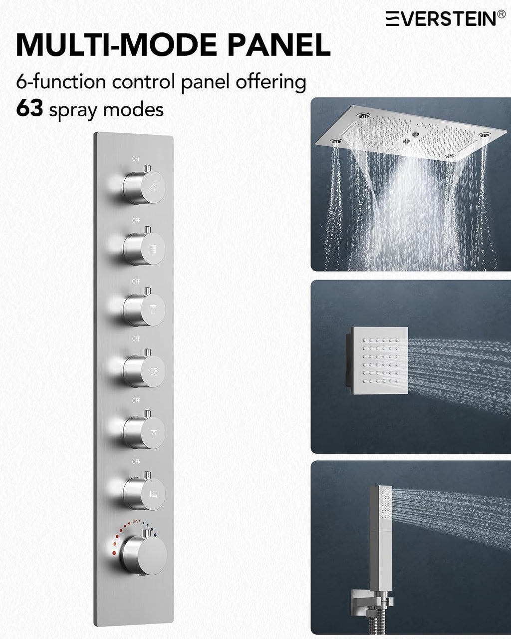 Thermostatic 64-Color LED Shower System, 28' x 16' Bathroom Waterfall Shower Set Ceiling-Mount Rainfall Shower Head Faucet with 6 Body Jets(Brushed Nickel)