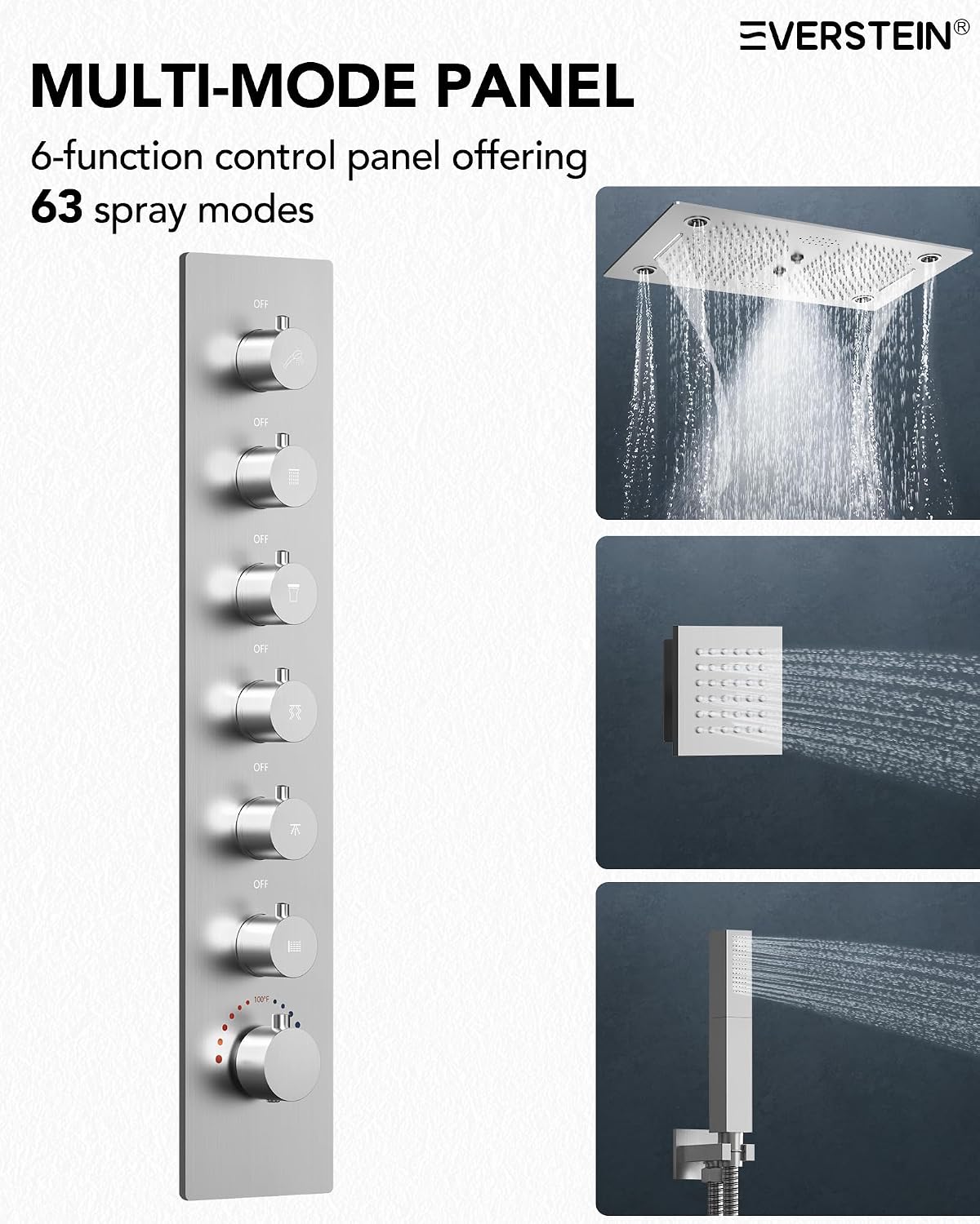 Thermostatic 64-Color LED Shower System, 28' x 16' Bathroom Waterfall Shower Set Ceiling-Mount Rainfall Shower Head Faucet with 6 Body Jets(Brushed Nickel)