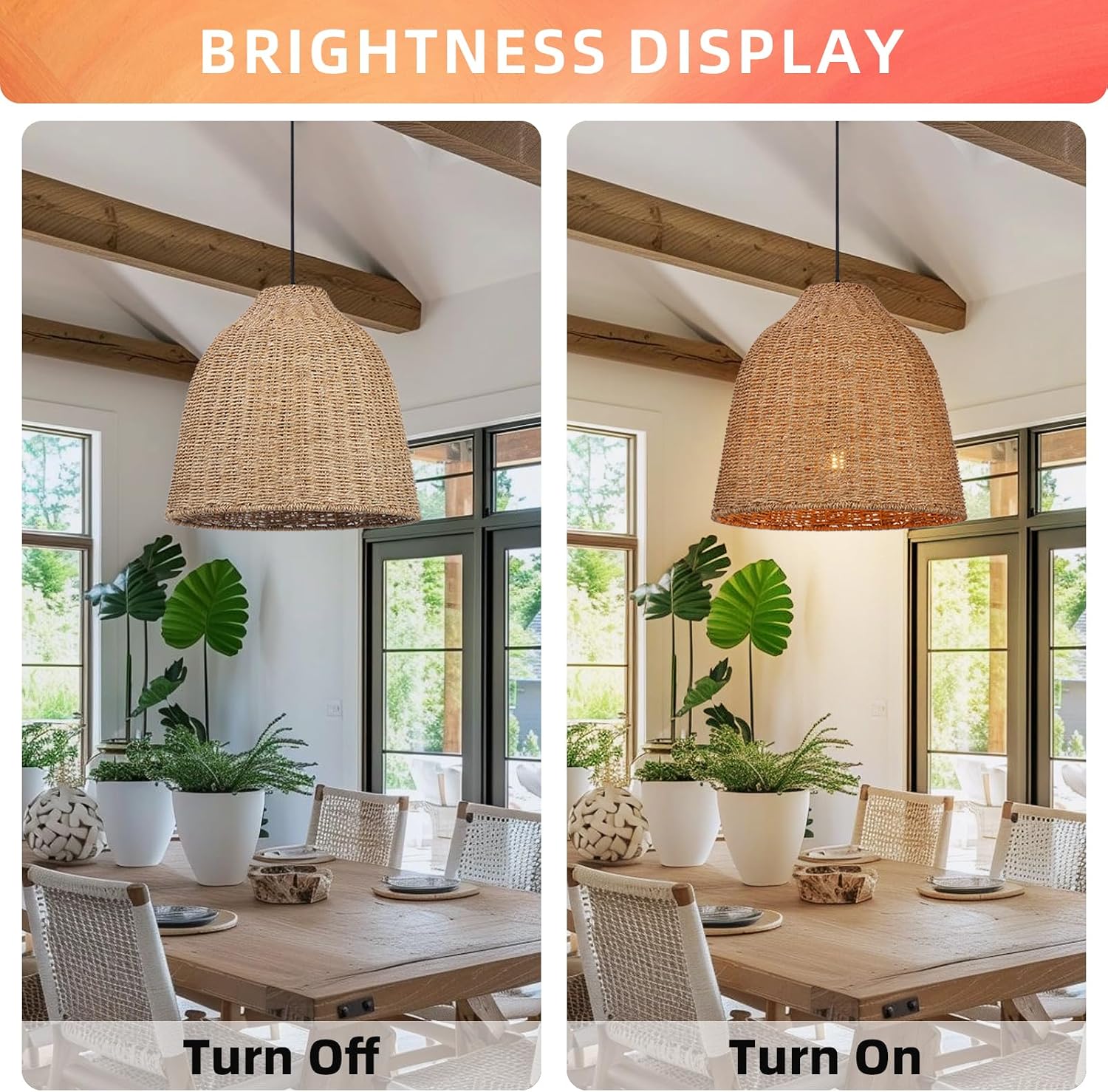Arturesthome Large Woven Pendant Light for Kitchen Island,Rustic Farmhouse Rattan Chandelier Wicker Basket Ceiling Hanging Lamp for Dining Room Bedroom,Entryway,Foyer 19.6'*17.6'