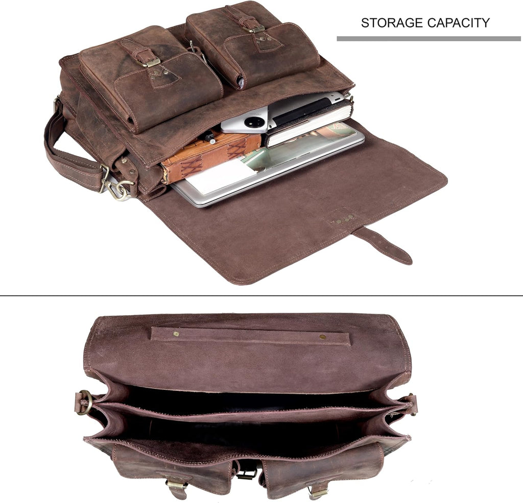 Vintage Leather Messenger Bag for Men & Women, Multi-Pocket Briefcase Satchel, Laptop Shoulder Bag