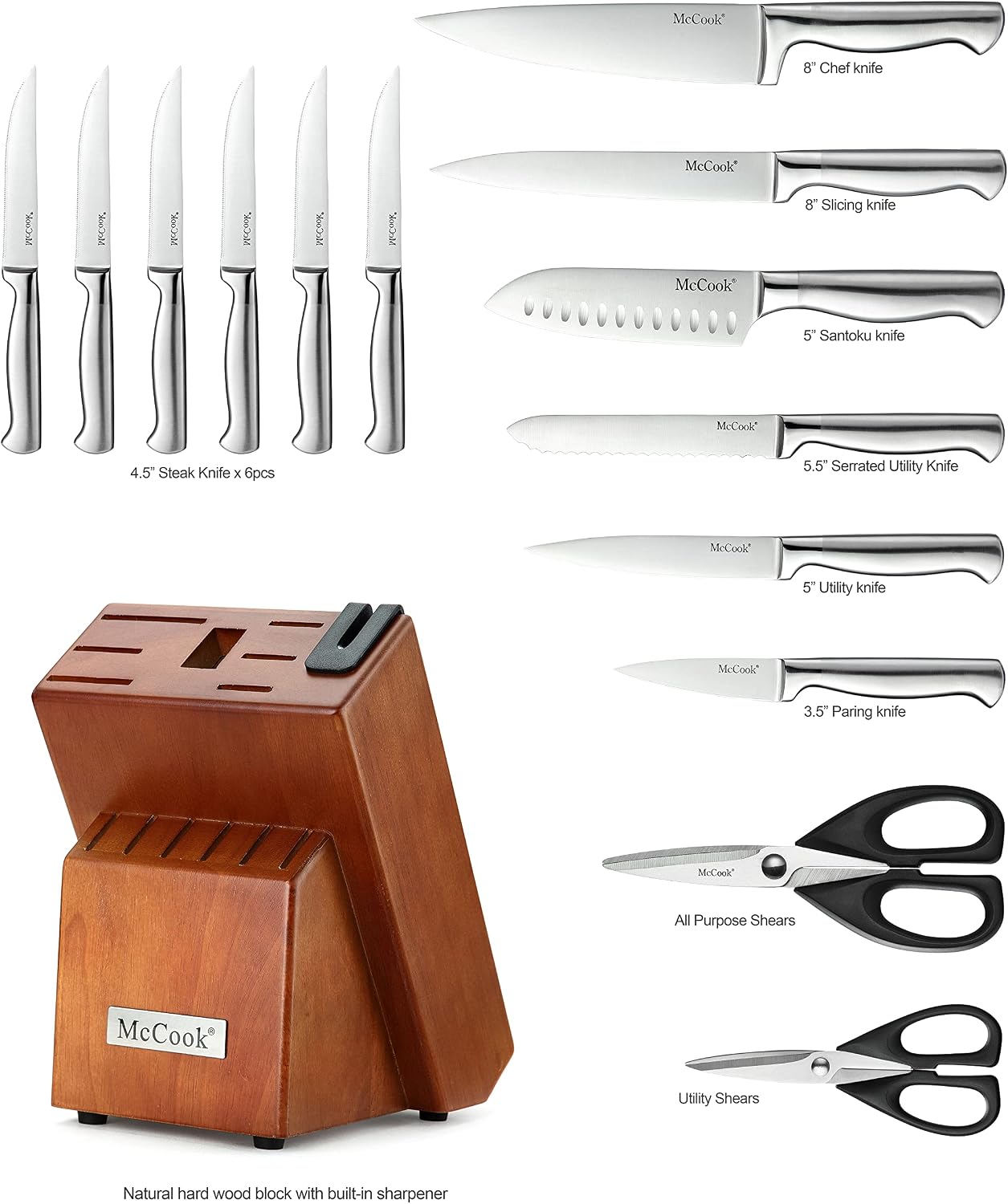 McCook® Knife Sets, German Stainless Steel Kitchen Knife Block Sets with Built-in Sharpener (Pack of 2)