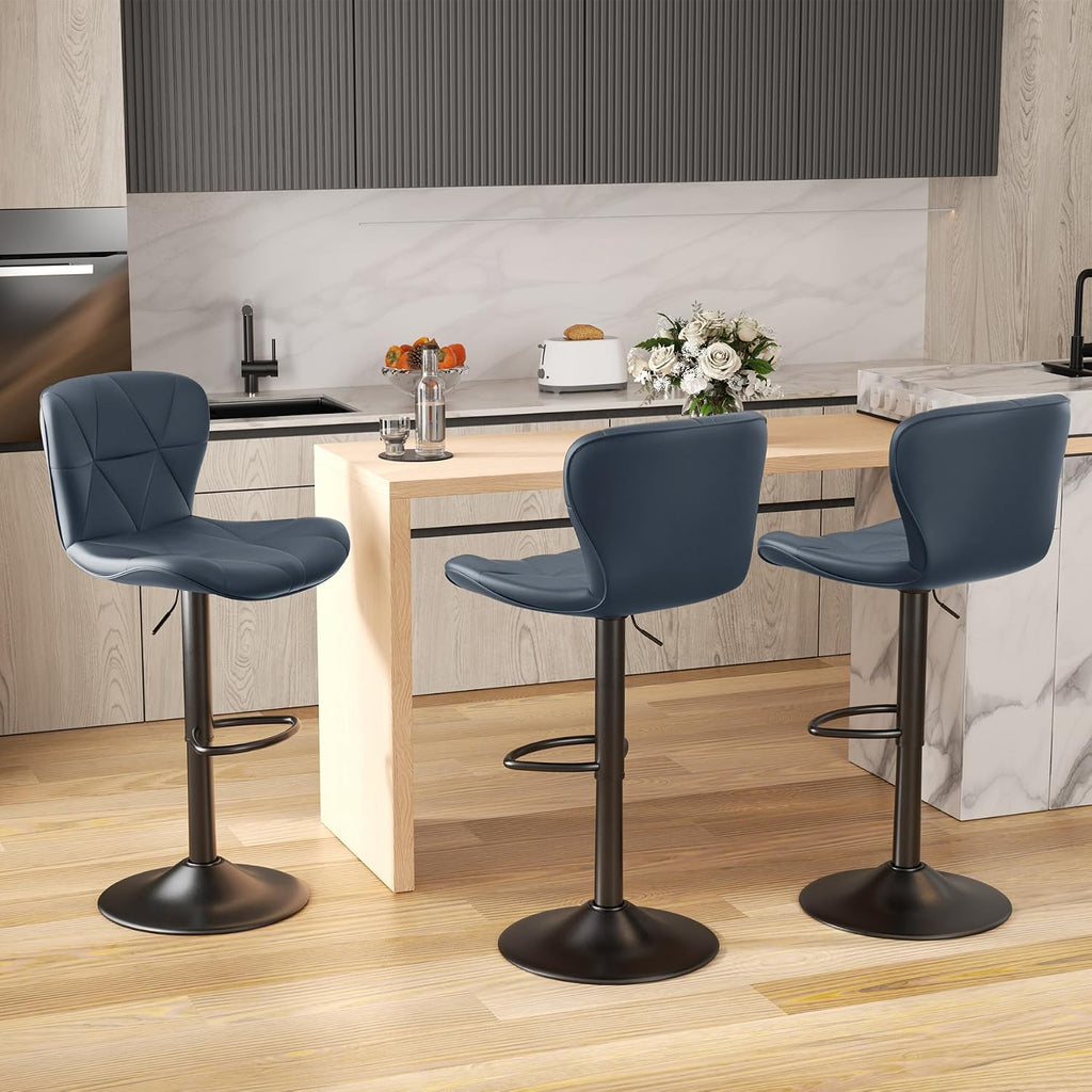 Nalupatio Modern Bar Stools Set of 3, Adjustable Faux Leather Upholstered Swivel Bar Stools, Counter Height Bar Chairs with Back for Kitchen Island, Dark Blue