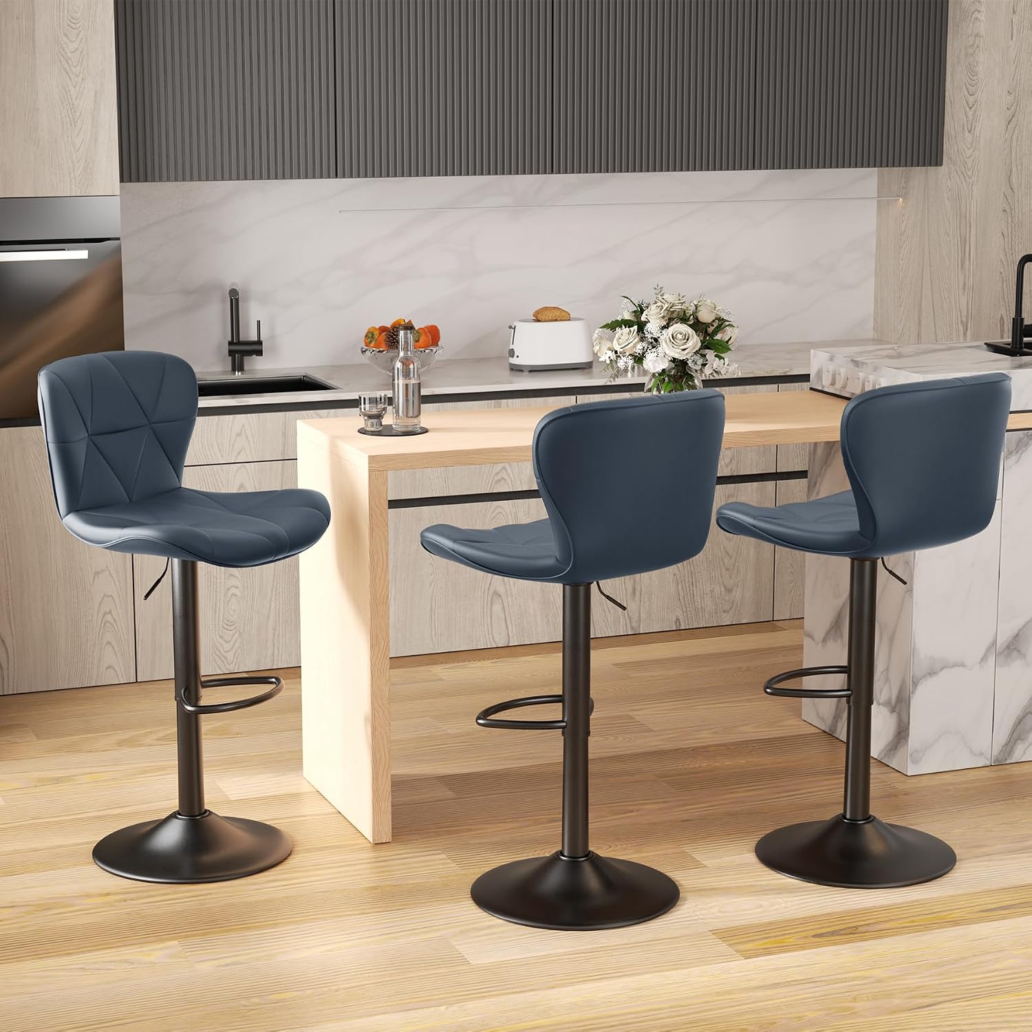Nalupatio Modern Bar Stools Set of 3, Adjustable Faux Leather Upholstered Swivel Bar Stools, Counter Height Bar Chairs with Back for Kitchen Island, Dark Blue