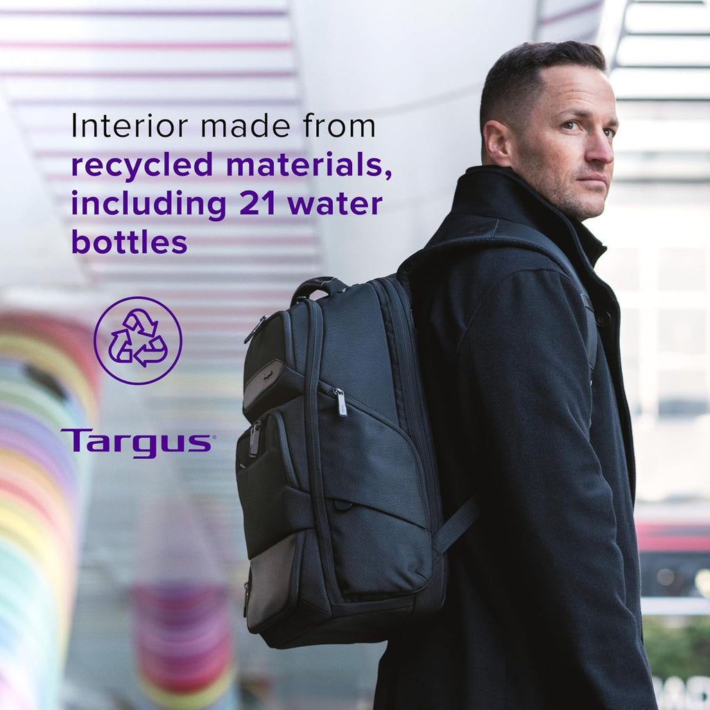 Targus 15-16 Inch Heritage Luxe Backpack, Professional Laptop Backpack with Padded Laptop Compartment, Ergonomic Shoulder Straps, Water-Resistant Fabric, Spacious Storage, Black (TBB656GL)