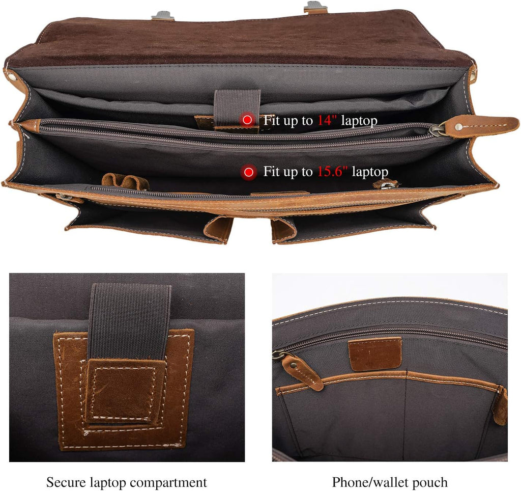 Polare 16' Full Grain Leather Messenger Bag Laptop Briefcase Bag Professional Work Bag For Men with YKK Zippers