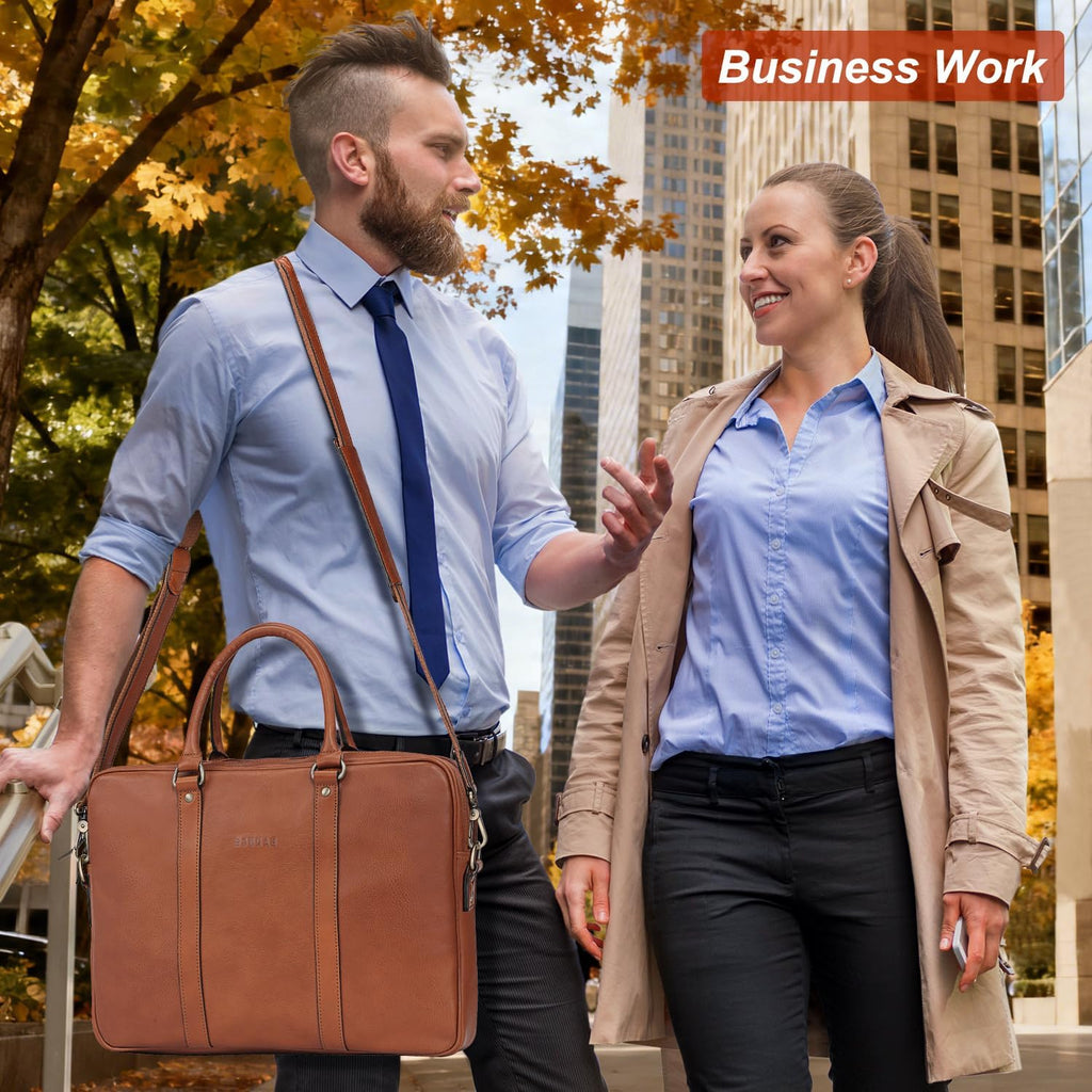 Banuce Premium Italian Full Grain Leather Briefcase for Men with Lock 14 Inch Laptop Bag Business Travel Office Work Bags with Detachable and Adjustable Strap Brown