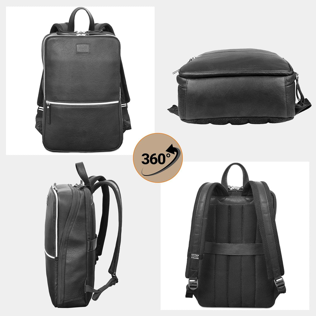 LEATHER VILLAGE Leather Laptop Backpack for Men | Black | Slim Professional Business Bag Fits 15.6'-Laptop | Water-Repellent Work & Travel Daypack with Trolley Strap