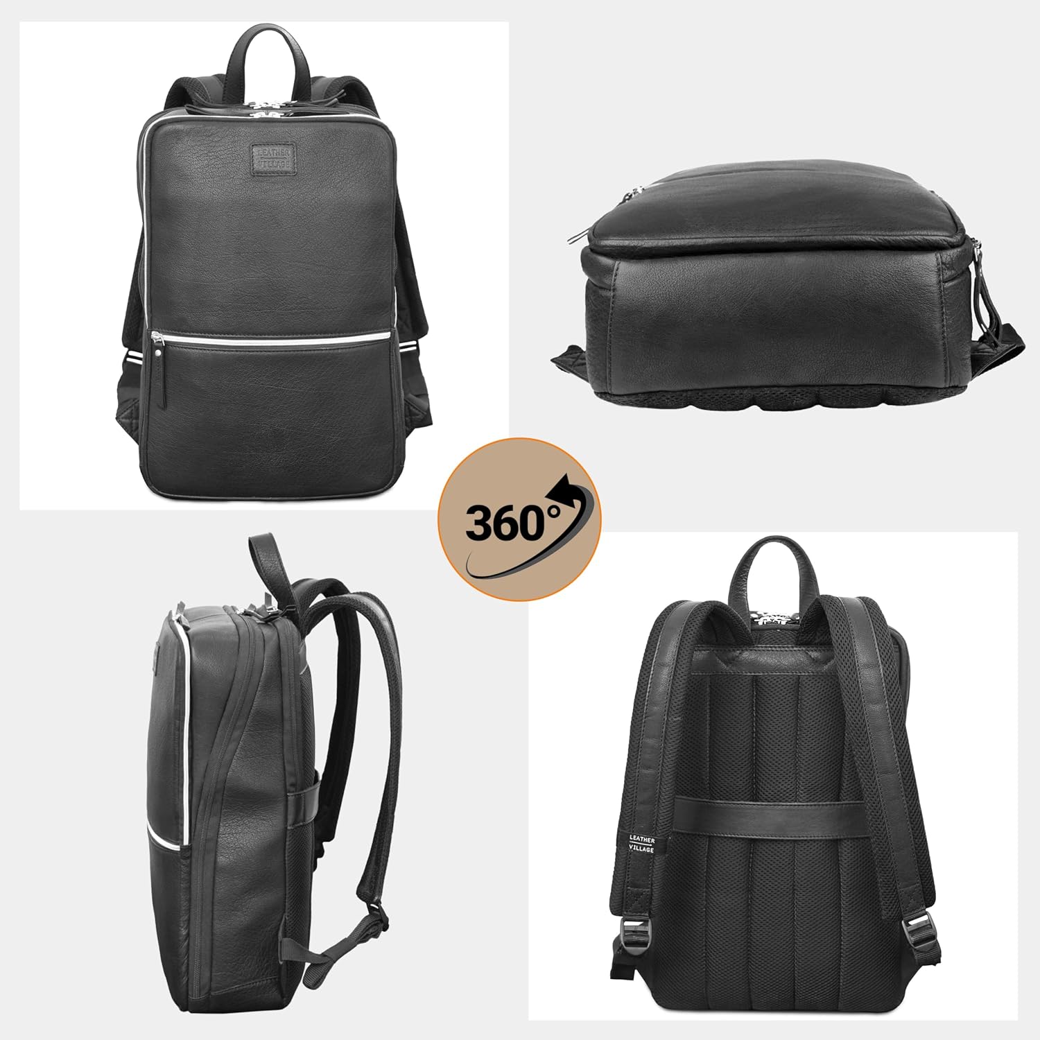 LEATHER VILLAGE Leather Laptop Backpack for Men | Black | Slim Professional Business Bag Fits 15.6'-Laptop | Water-Repellent Work & Travel Daypack with Trolley Strap