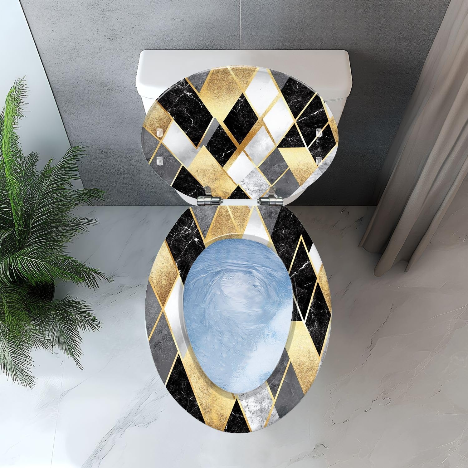 Elongated Toilet Seat seamless geometric pattern gold lines silver glitter black watercolor Art Resin Toilet Seat Easy to Install Quietly Close Quick Release Hinges Decorative Toilet Seat with Cover