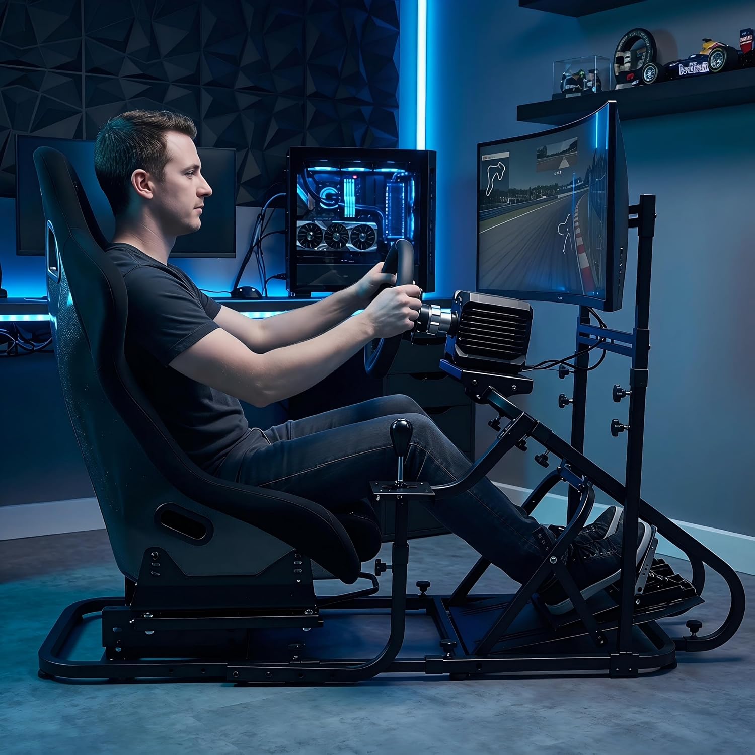 Racing Simulator Cockpit with Monitor Mount and Stronger Fiberglass Back Mesh Fabric Bucket Seat, Racing Wheel Stand Compatible with Fanatec, Thrustmaster, Logitech, Moza Racing Games on PS5, PS4, Xbox and PC