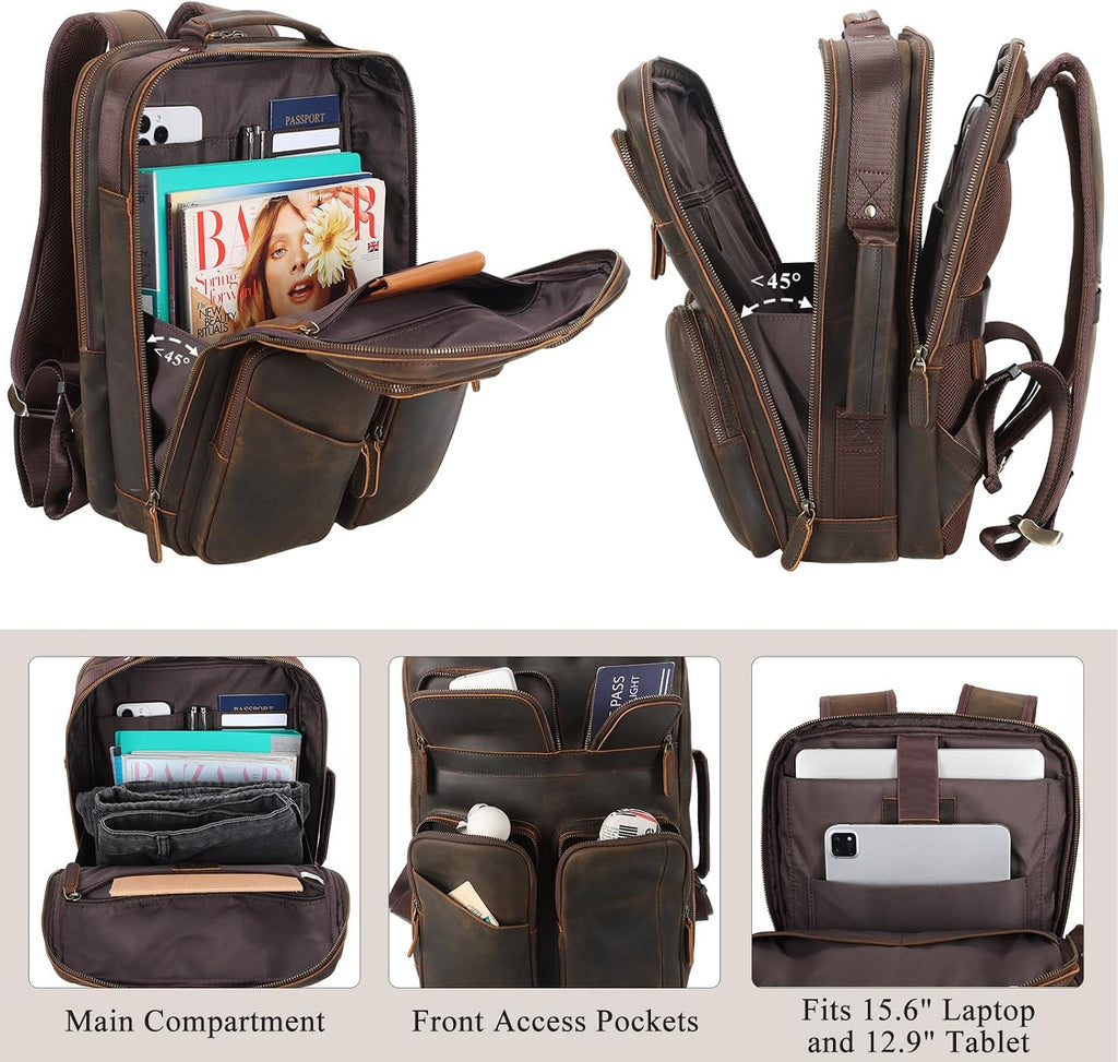 TIDING Full Grain Leather 15.6' Laptop Backpack for Men Multi Pockets Casual Daypack Business Travel Rucksack