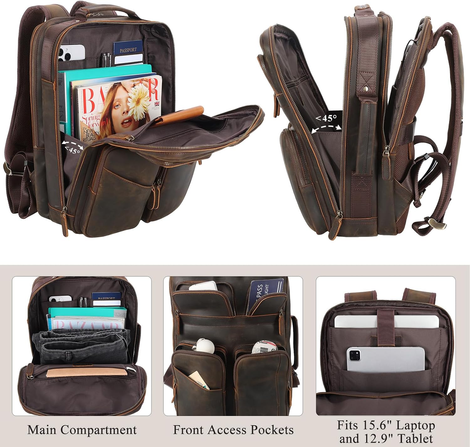 TIDING Full Grain Leather 15.6' Laptop Backpack for Men Multi Pockets Casual Daypack Business Travel Rucksack