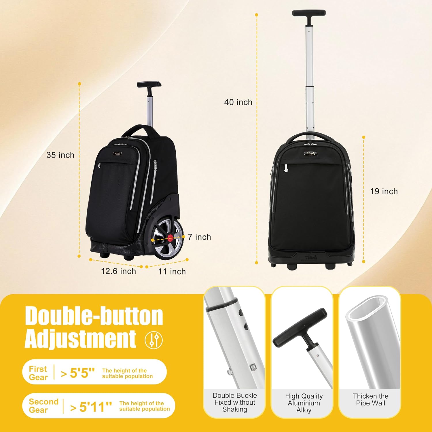 NEW TILAMI 19 Inch Rolling Backpack with Lunch Bag for Girls Boys Wheeled Laptop Backpack Durable Carry-on Bag School Travel, Black