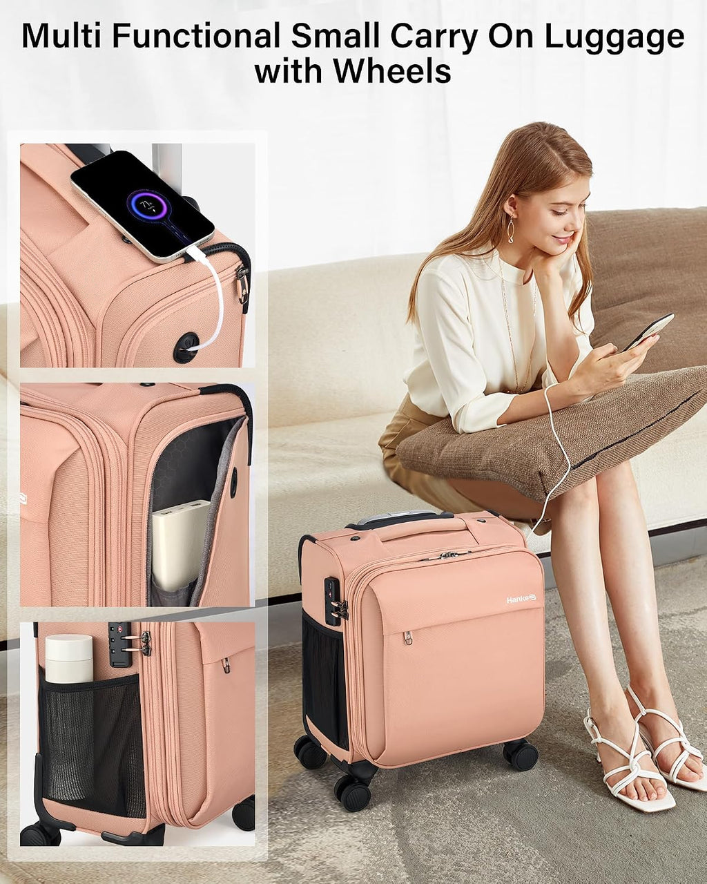 Hanke 16 Inch Underseat Carry On Luggage with Wheels Small Suitcase Softside Luggage Bags for Travel Lightweight Suitcases with Wheels Travel Luggage Personal Item for Men and Women(Pink)