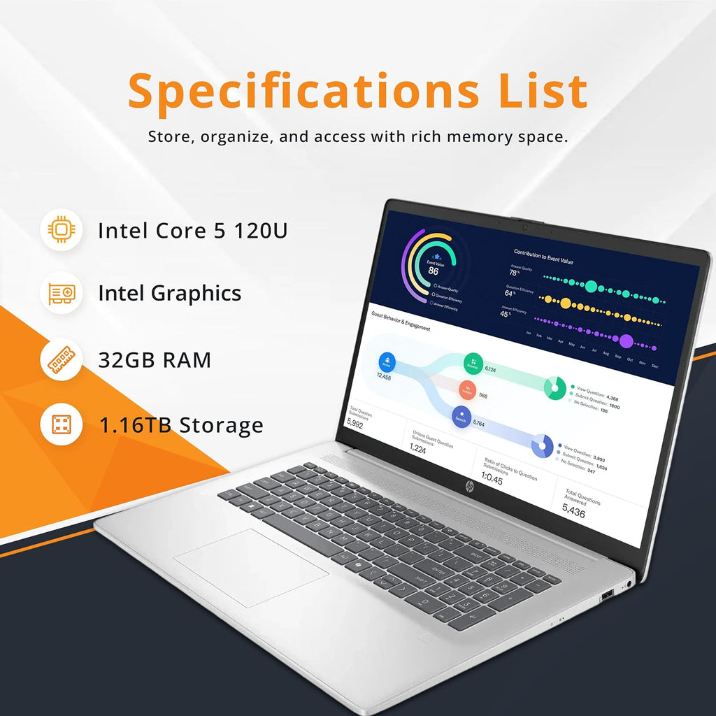 HP 17.3' HD+ Touchscreen Laptop, Intel Core 5 120U, 32GB DDR4, 1.16TB Storage (1TB SSD+160GB Docking Station Set), ‎Intel Graphics, 720p HD Camera, Wi-Fi 6, Win 11 Pro, Silver