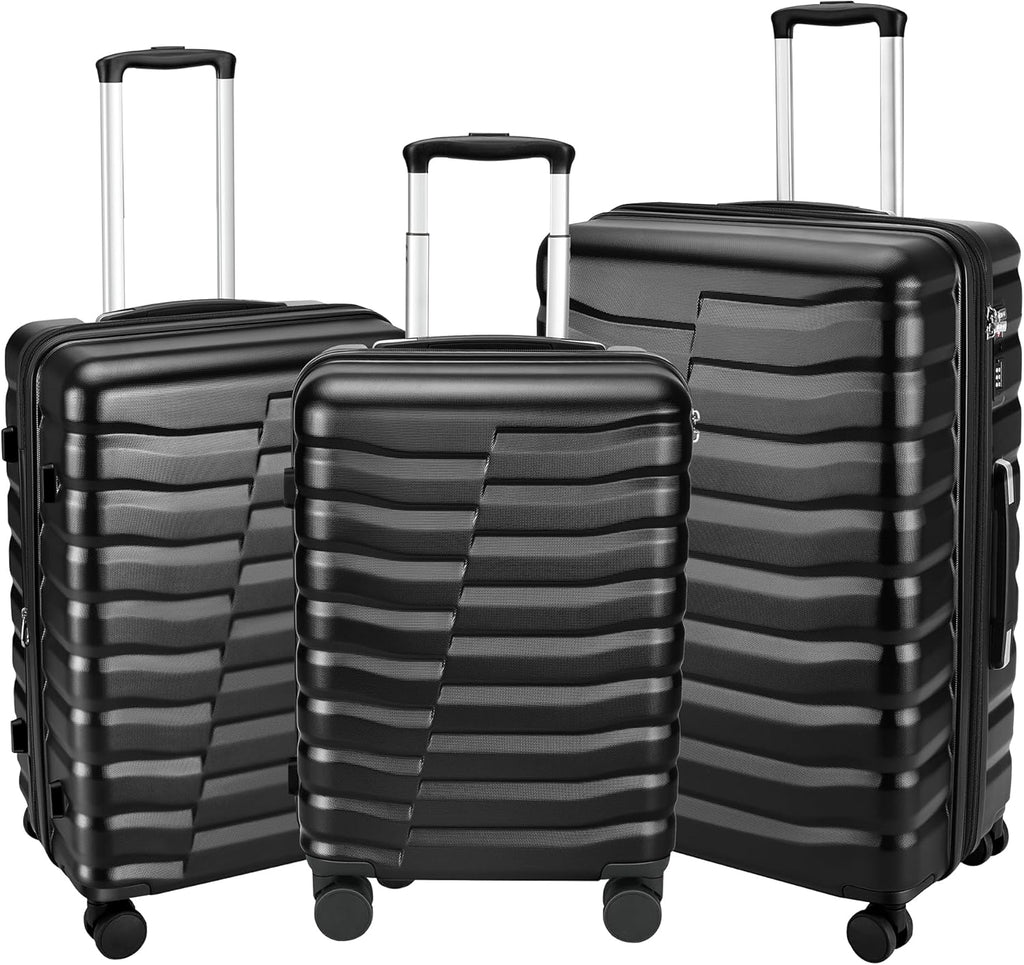 WireHot Lightweight Luggage with Spinner Wheels & YKK Zipper, Hard Shell 3-Piece Suitcase ABS+PC Hardside Luggage Set with TSA Lock for Men Travel, Black (20+24+28 inch)